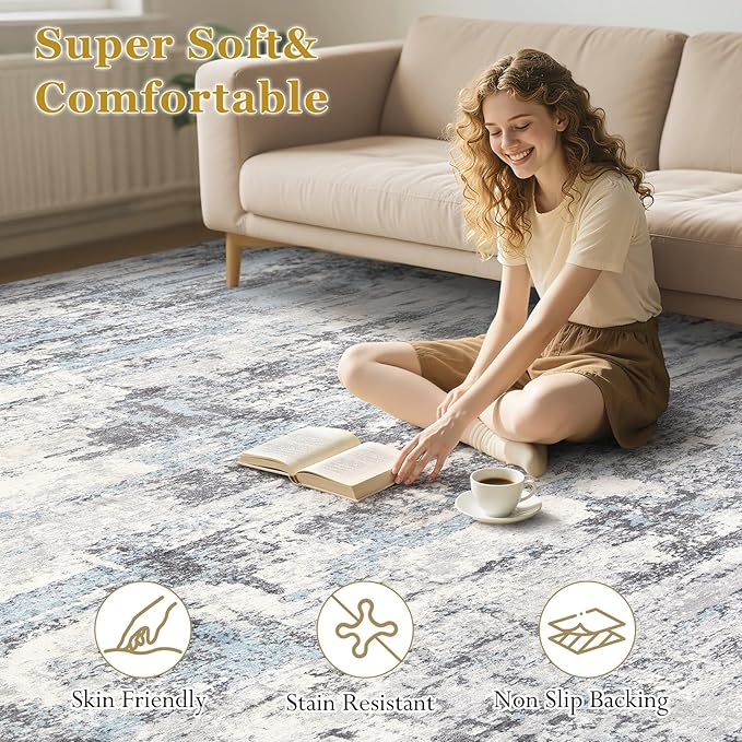 Area Rugs for Living Room: 7x9 Abstract Washable Rug Modern Neutral Large Soft Stain Resistant Non-Slip Backing Machine Table for Bedroom Dining Room Indoor Home Office Carpet - Blue Grey