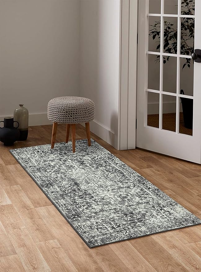 Morebes Vintage Black Bathroom Rug 2x4.3, Washable Bath Mat Non Slip Stain-Resistant Entryway Rug, Medallion Soft Low Pile Carpet Runner for Entrance Hallway Kitchen