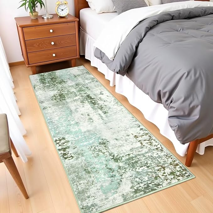 Washable Abstract Runner Rug, 2x6 Modern Area Rugs with Non-Slip Rubber Backed for Kitchen, Thin but Soft Contemporary Carpet Bedroom Entryway Hallway Decor, Green