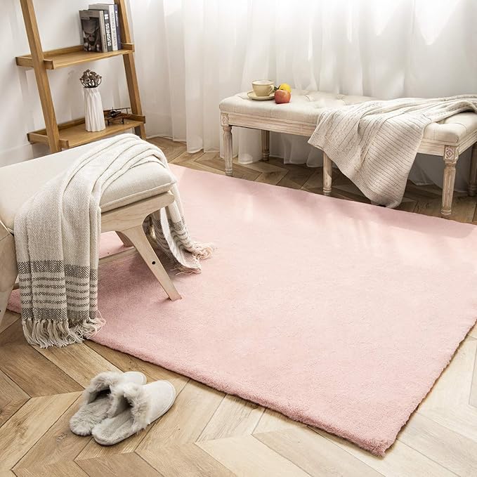 Ashler Faux Fur Rug, Ultra Soft Faux Rabbit Fur, Pink Area Rugs, 5 x 7 Feet Rectangle, Machine Washable Nursery Decor Throw Rugs for Bedroom, Kids Room, Living Room