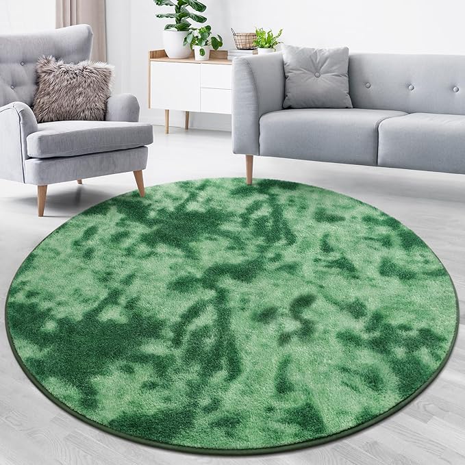 Lascpt Round Rug for Bedroom 7x7, Tie-Dyed Green Circle Rug for Living Room Super Soft Thicken Memory Foam Circular Rug, Indoor Area Rug for Modern Home Decor, Round Carpet for Nursery Kid's Room
