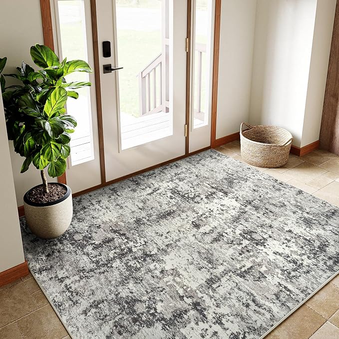 4x6 Machine Washable Rugs Grey Hallway Area Rug 3D Textured Rug Abstract Low Pile Carpet Distressed Throw Rug Bedroom Living Room Office Dining Room Kitchen Laundry Room Non Slip
