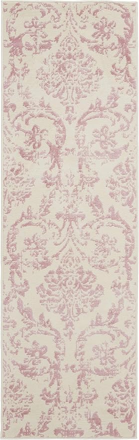 Nourison Jubilant Damask Ivory/Pink 2'3'' x 7'3'' Area-Rug, Easy-Cleaning, Non Shedding, Bed Room, Living Room, Dining Room, Kitchen (2x7)