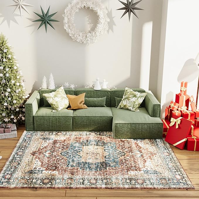 Washable Rugs 4x6, Stain Resistant Lightweight Anti-Skid Rugs for Living Room, Distressed Vintage Boho Red Rug Floor Carpet Bedroom Dining Room Office