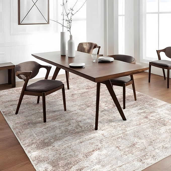Washable Abstract Area Rug 5X7 - Rugs for Living Room Large Non Slip Indoor Entryway Rubber Backing Carpet Bedroom Kitchen Distressed Stain Resistant Floor Decor Mat Machine Washable 5X7 Brown