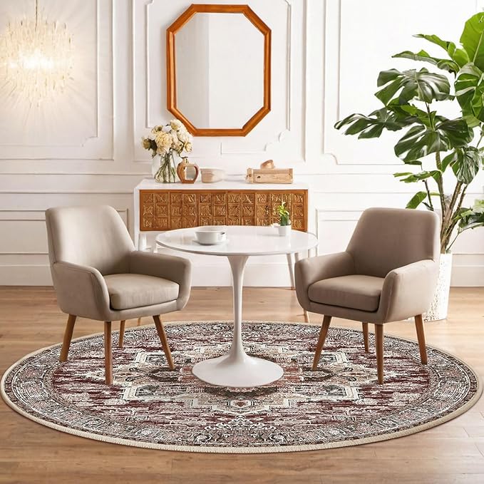 BESTSWEETIE 6ft Area Rugs for Living Room Washable Non Slip Carpet Low Pile Soft Vintage Print Pattern Rug for Bedroom Dining Room Kitchen Entryway Indoor-Wine/Brown/Brick/Black/Light tan