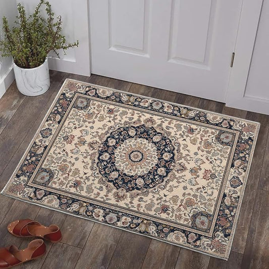 2x3 Boho Rug for Entryway Boho Area Rugs Machine Washable Retro Beige Rug Non Slip Printed Low-Pile Indoor Door Mat Floor Carpet for Kitchen Bathroom Laundry