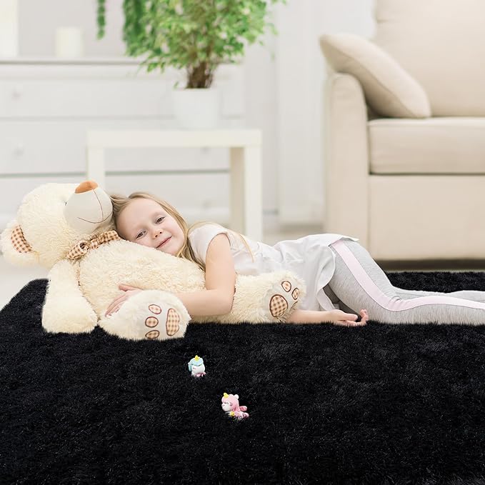Black Area Rug for Bedroom, 4x6 Rugs for Living Room Nursery Kids Room Dorm Home Decor Aesthetic, Fluffy Shaggy Rug with 4 Anti-Slip Carpet Tapes
