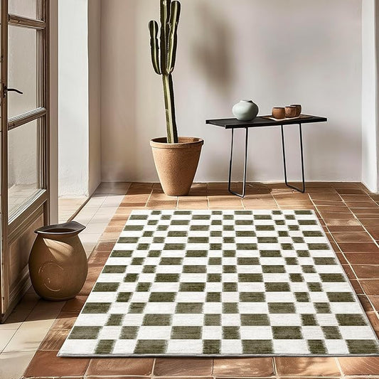 EVERGRACE Checkered Plaid Area Rug 3x5, Soft Fuzzy Faux Wool Rugs Washable Anti Slip Rugs Small Rug Carpet for Entryway Bedroom Living Room Hallway Kitchen Dining Room and Laundry Room, Olive Green