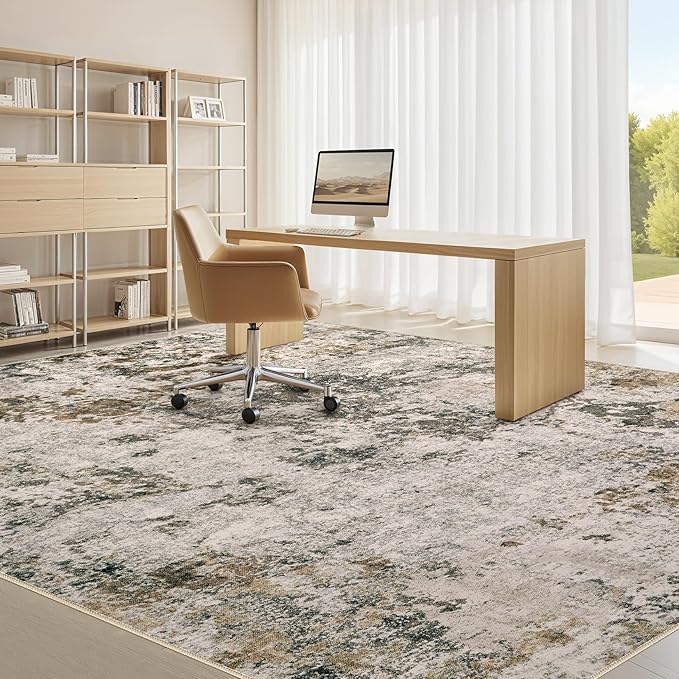 Area Rugs for Living Room: 9x12 Abstract Washable Rug Large Soft Stain Resistant Non-Slip Backing for Bedroom Dining Room Indoor Home Office Carpet for Kids Pet Friendly Families - Dark Brown
