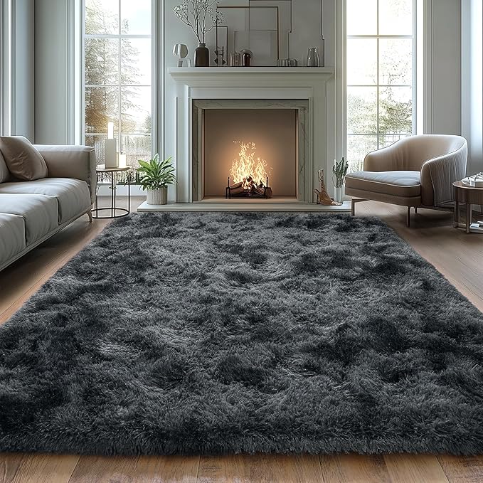 Shaggy Soft Fluffy Rug Non-Slip Indoor Floor Carpet for Living Room Anti-Skid Indoor Carpet Tie-Dyed Black Grey 5x7 Feet