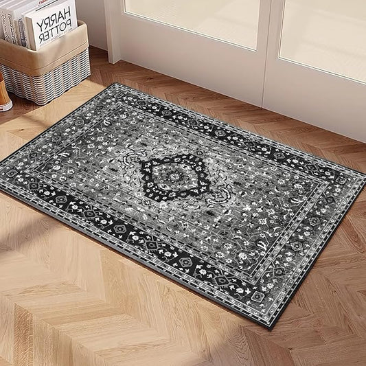 Yancorp 2'x3' Area Rug for Bedroom Non Slip Washable Rug Vintage Carpet Living Room Non-Shedding Indoor Floor Mats Bedroom Kitchen Entryway Rugs-Rectangle Black Grey