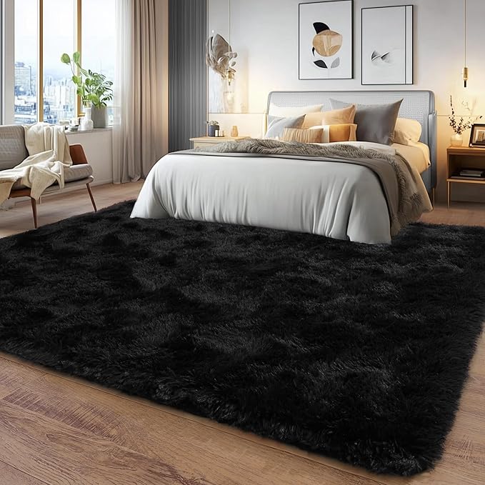 6x9 Fluffy Fuzzy Area Rug for Living Room Bedroom, Ultra Soft Large Living Room Rugs, Non Slip Thick Shag Rug for Dorm, Kids Girls Boys Rug for Home Decor Aesthetic, Black