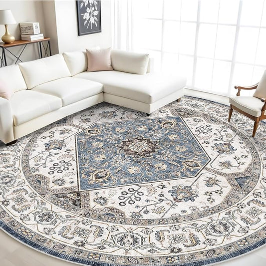 RUUGME Washable 9 Round Rug - Large Boho Rugs for Living Room Stain Resistant Carpet for Bedroom Kitchen Bathroom with Non Slip Backing Home Decor Floor Decoration Mat 9ft Navy