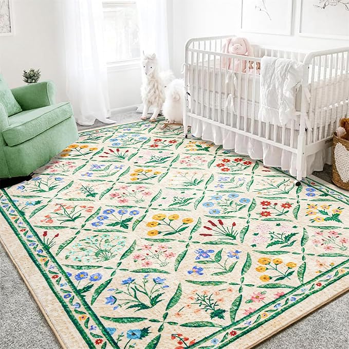 Vintage Floral Entryway Rug Washable, Thin Pile Oriental Distressed 5x7 Indoor Carpet Stain Resistant, Country Boho Flowers Cute Green Area Rug for Bedroom Dining Living Room Kitchen Nursery Dorm