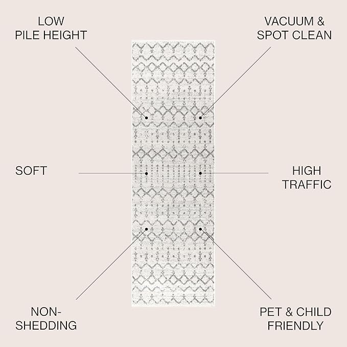 JONATHAN Y MOH101B-214 Moroccan Hype Boho Vintage Diamond 2 ft. x 14 ft. Runner-Rug, Bohemian, Southwestern, Transitional, Pet Friendly, Non Shedding, Stain Resistant, Easy-Cleaning, Cream/Gray