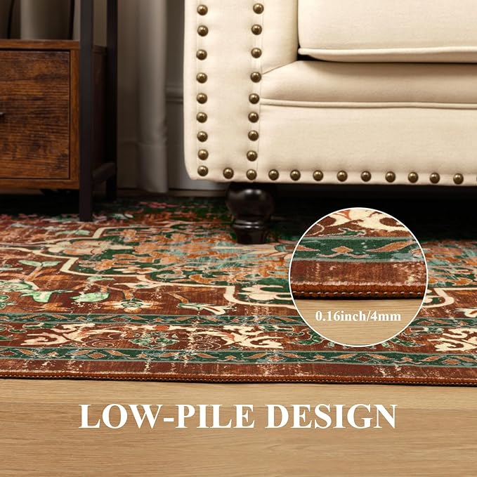 U'Artlines Boho Vintage Area Rug 5x7 Machine Washable Low Pile Ultra-Thin Soft Floor Carpet Non Slip Non Shedding Accent Rug for Living Room Bedroom Entryway Dining Room Office(Rust＆Teal)