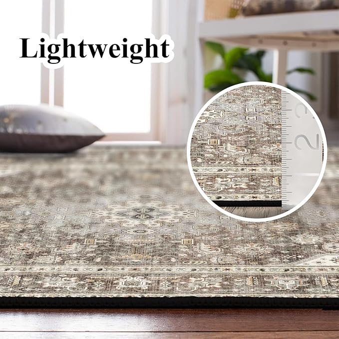 Washable Area Rug - 8x10 Bedroom Living Room Large Indoor Rugs Soft Oriental Vintage Rugs Non-Slip Backing Stain Resistant for Farmhouse Kitchen (8x10 Brown)