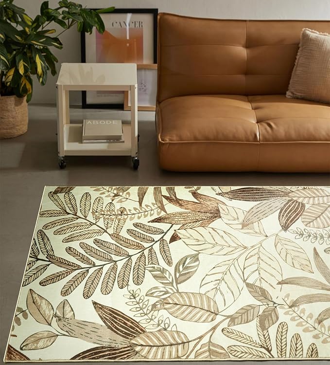 Ultra Thin 3x5 Small Entryway Rugs Indoor Doormat Stain Resistant, Vintage Floral Botanical Plants Throw Area Rugs for Bedroom Kitchen Living Room, Retro Khaki Bathroom Rugs Non Slip