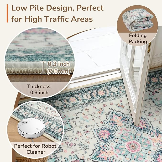 BESTSWEETIE 2x10 Area Rugs for Living Room, Washable Ultra Soft Boho Vintage Print Pattern Rug Non Slip Low Pile Carpet for Dining Room Bedroom Entryway Indoor-Multi/Blue/Beige/Pink