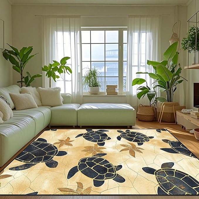 Yellow Sea Turtle Rug - Sea Turtle Carpet, Beach Themed Carpet for Kids Teens Adults Ocean Animal Rugs for Living Room Indoor Coastal Children Play Room Floor Mat 2.5x4 Feet