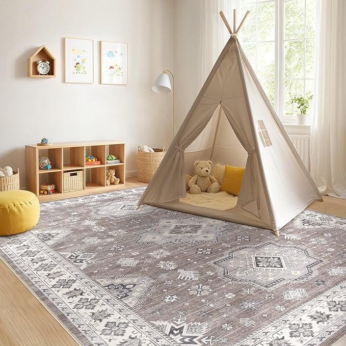 Washable Area Rugs for Living Room -8x10 Neutral Vintage Distressed Floral Farmhouse Boho Large Soft Floor Rug Indoor Non Slip Carpet for Living Room Bedroom Dining Room Office - Dark Brown