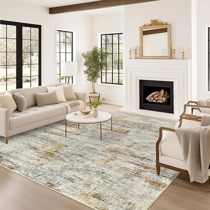 10x14 Area Rugs for Living Room, Non Slip Machine Washable Vintage Rugs, Low Pile Lightweight Large Rug for Bedroom, Dining Room, Home Office Gray Rust