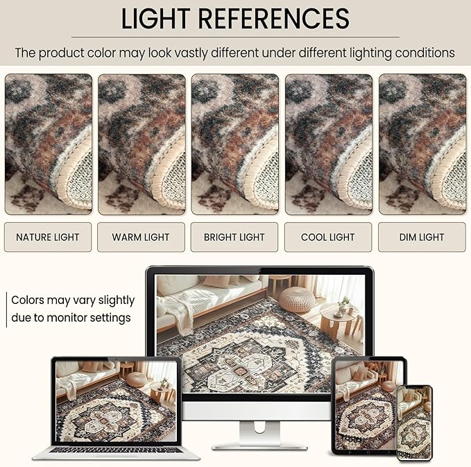 Washable 9x12 Area Rugs, Rugs for Living Room, Low-Pile Water&Stain Resistant Carpet Vintage Distressed Printed Non-Slip Carpet for Bedroom Bathroom Kitchen-Light Yellow/Choco/Brown/Navy Blue