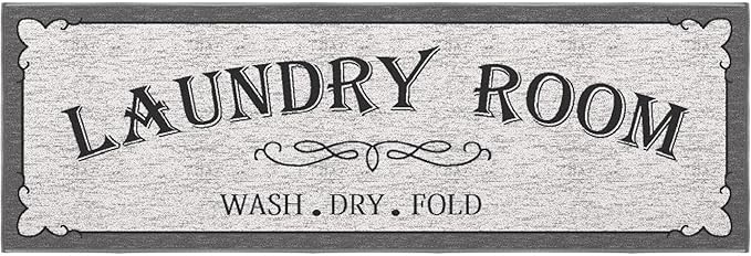 Machine Washable Border Text Design Laundry Room Rug Non-Slip Rubberback 2x5 Laundry Runner Rug for Laundry Room, Bathroom, Washroom, 20" x 59", Light Gray