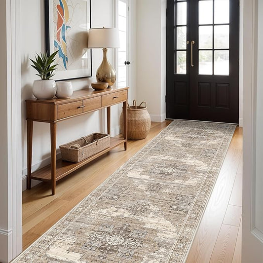 RUUGME Washable 3X12 Runner Rugs - Large Boho Rugs for Living Room Stain Resistant Carpet Vintage Tribal Rugs for Bedroom Kitchen Bathroom Non Slip Backing Home Decor Floor Decoration Mat 3X12 Beige