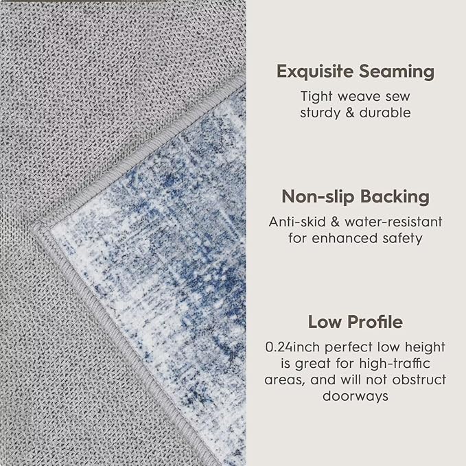 Eleisa Modern Abstract 2x8 Hallway Runner Rug, Blue & Grey, Non-Slip Washable Low Pile Rugs, Vintage Rug Hallway Indoor Carpet for Kitchen, Entryway and Laundry Room