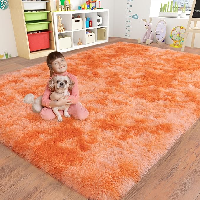 6x9 for Living Room Rugs, Plush Thick Carpets for Boy and Girls Room, Modern Soft Shag Area Rugs for Bedroom, Non Slip, Large Indoor Carpet for Nursery Dorms Home Decor Aesthetic, Orange