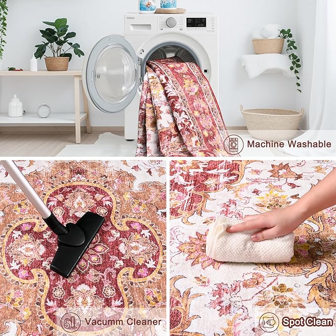 4x6 Area Rugs for Living Room, Foldable Machine Washable Rug, Soft Low Pile Non-Slip Vintage Floral Rug, Carpet for Bedroom, Dining Room, Bedside, Farmhouse, Office, Dorm (Red, 4'×6')