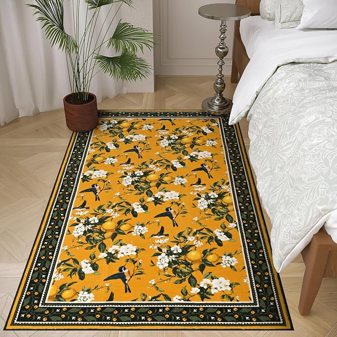 ASPMIZ Yellow Floral Area Rug, Lemon Hummingbird 3x5 Rug Washable Non Slip, Vintage Rugs for Living Room, Foldable Low Pile Soft Throw Rug Carpet for Bedroom Kitchen Dining Room Nursery Office