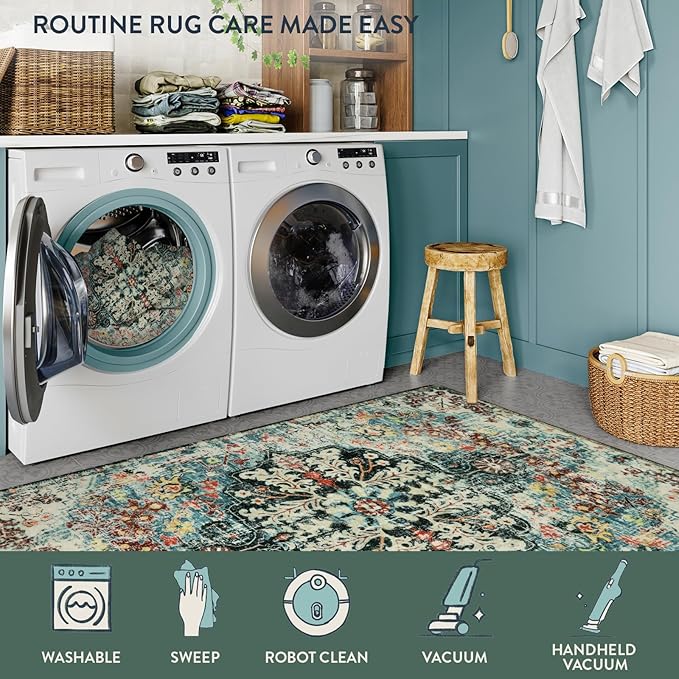 Lahome Bohemian Floral Medallion Rug - 2x4 Washable Kitchen Rug Soft Laundry Room Runner, Vintage Non Skid Indoor Throw Carpet for Entryway Doorway Bathroom Sink, Teal