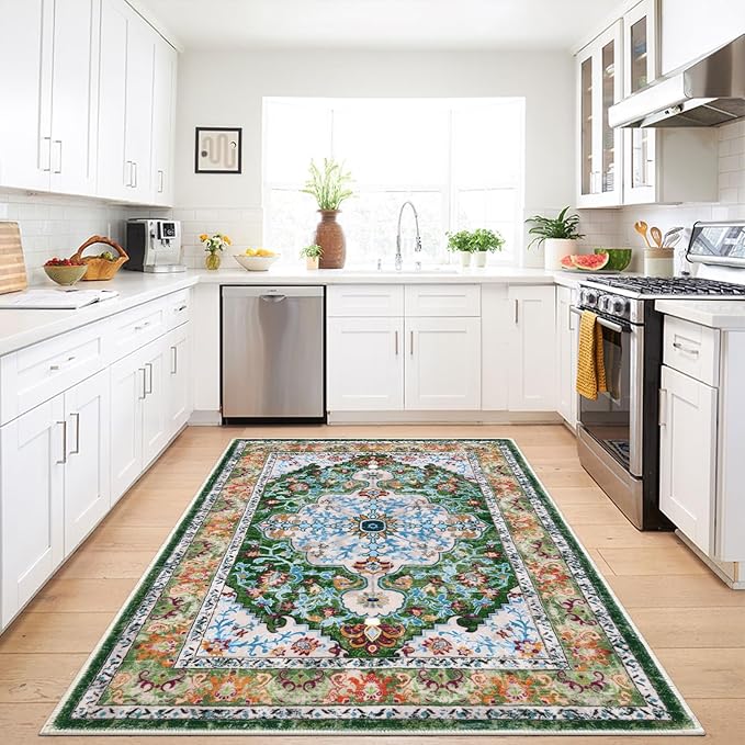 U'Artlines Boho Vintage Area Rug 3x5 Machine Washable Low Pile Soft Floor Carpet Non Slip Non Shedding Accent Rug for Living Room Bedroom Entryway Dining Room Office Green