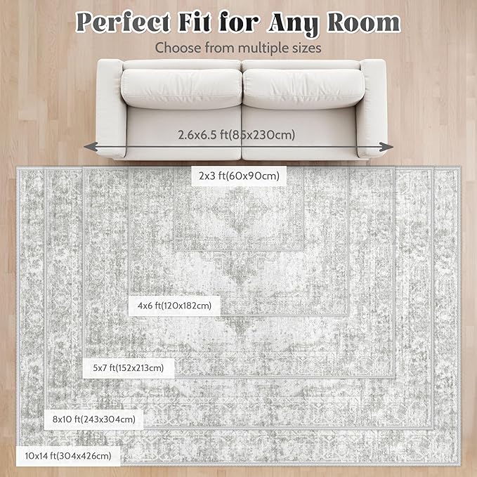 10x14 Area Rugs Washable Rug: Large Vintage Living Room Rug with Non-Slip Backing Low Pile Rugs Soft Indoor Floor Thin Carpet Neutral Carpets for Bedroom Dining Room Farmhouse Nursery Gray/Ivory