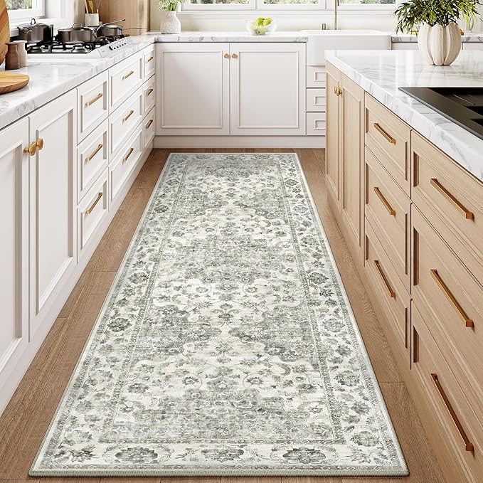 2x6 Washable Neutral Runner Rug Green Hallway Kitchen Non-Slip Low Pile Floral Carpet Vintage Soft Thin Throw Rug for Bathroom Bedroom Entryway Laundry Dining Room