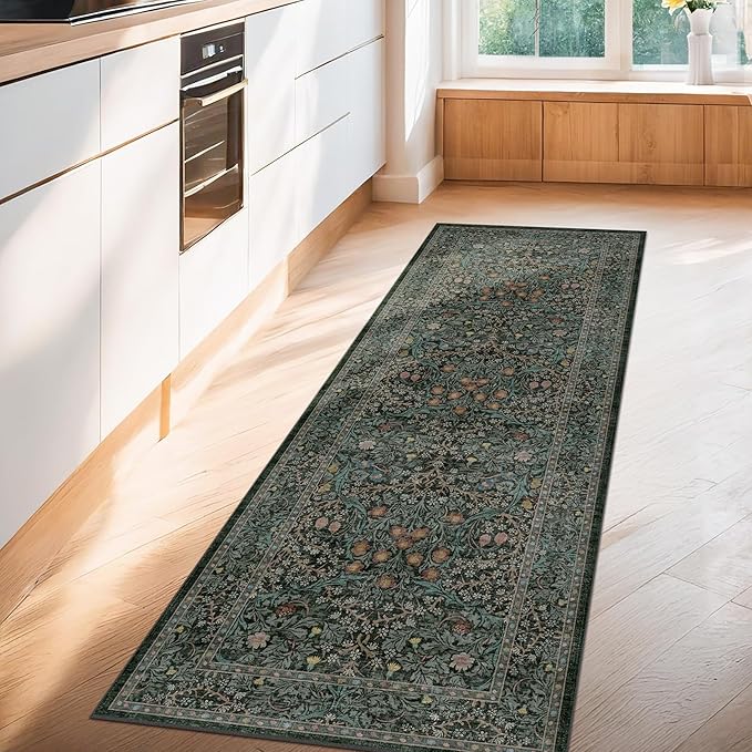 Washable Dark Green 2x10 Runner Rug for Hallway, Kitchen, Laundry Room, 10 ft Non Slip Stain Resistant Extra Long Soft Rugs, Vintage Floral Unique Botanical Floor Mat
