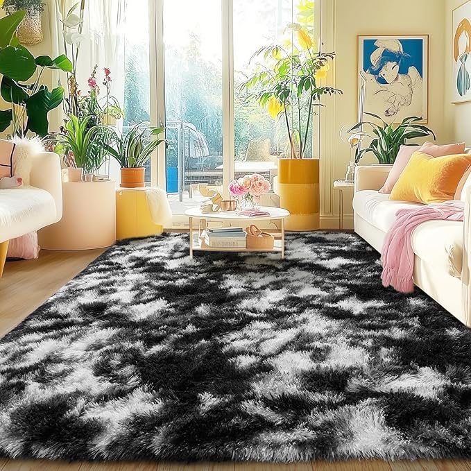 5x7 Black and White Rug for Living Room, Fluffy Plush Area Rugs Anti-Skid Floor Carpets, Ultra Soft Modern Indoor Shag Rug for Bedroom Dorm Kids Room Nursery Home Decor Aesthetic