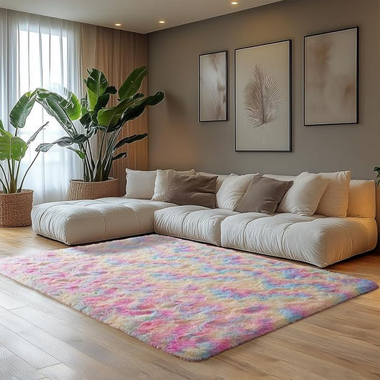 Zentavio Unicorn Rugs for Girls Room 4x6 Area Rugs for Living Room Carpet for Bedroom Washable Soft Fluffy Shag Aesthetic Plush High Pile Throw Rug for Nursery Kids Room Dorm Room Rainbow