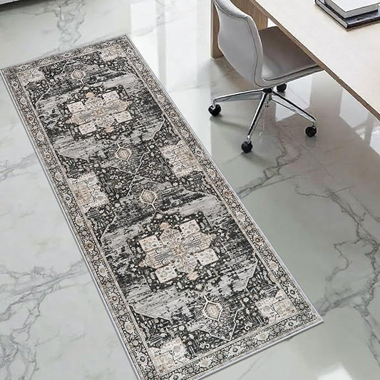 2x6 Hallway Washable Runner Rug - Boho Rugs for Living Room Stain Resistant Carpet Vintage Tribal Rugs for Bedroom Kitchen Non Slip Backing Home Decor Floor Decoration Mat 2X6 Black