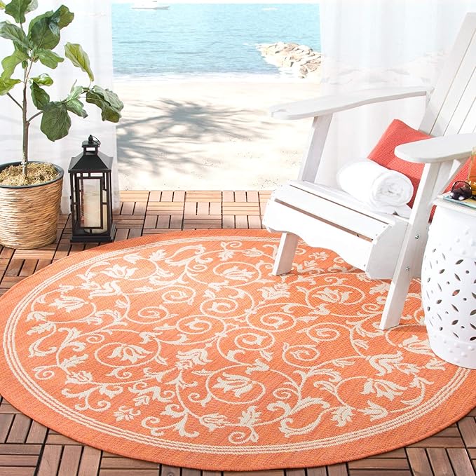 SAFAVIEH Courtyard Collection 7'10" Round Terracotta / Natural CY2098 Scroll Indoor/ Outdoor Splashproof Easy Scrubbing Patio Backyard Mudroom Area Rug