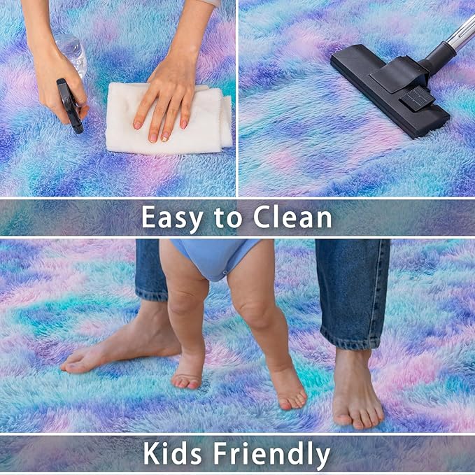 Large Area Rugs 9x12 Living Room, Plush Thick Carpets for Boy and Girls Room, Modern Soft Shag Rug for Bedroom, Non Slip, Indoor Carpet for Nursery Dorms Home Decor Aesthetic, Purple Rainbow