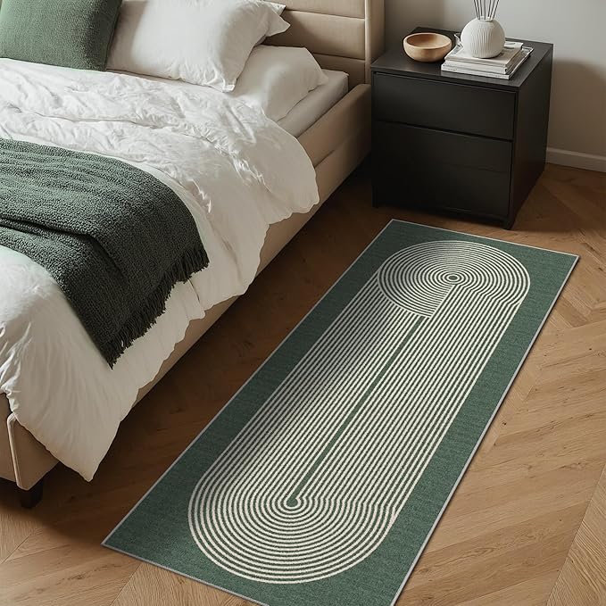 Bavni Hallway Runner, Machine Washable Runner Rug, Soft Modern 2x7 Rugs, Abstract Low Pile Lightweight Rugs for Bedroom, Hallways, Kitchen, Sage Green Lines
