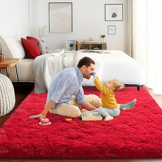 4x6 Area Rug for Bedroom, Red Rugs for Living Room Nursery Kids Room Dorm Home Decor Aesthetic, Fluffy Shaggy Rug with 4 Anti-Slip Carpet Tapes