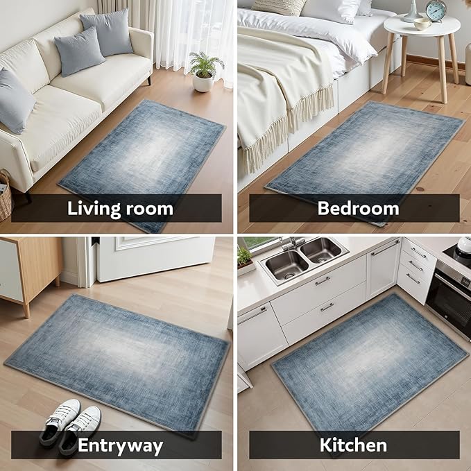 Small Area Rug-2x3 Entryway Rug Non Slip Washable Low Pile Indoor Door Mat Modern Abstract Entrance Rugs Carpet for Bedroom Kitchen Powder Room Front Porch Bathroom, Blue