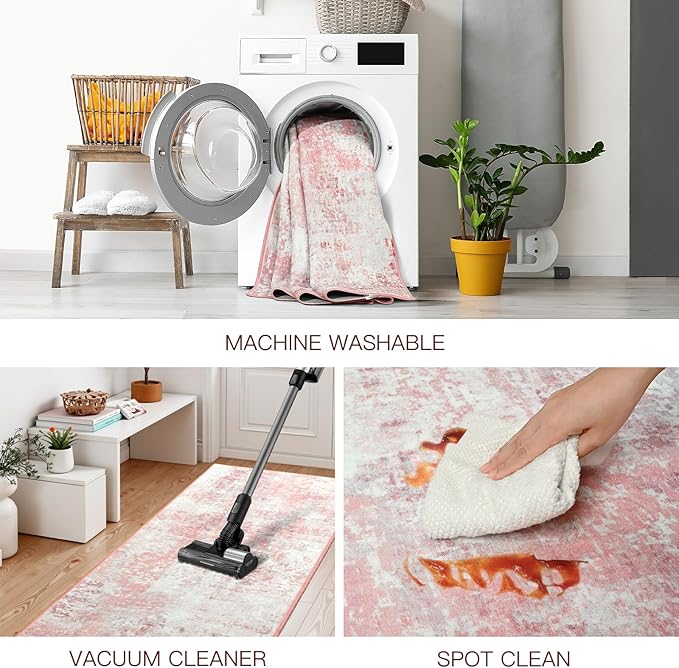 3x5 Pink Washable Area Rug for Living Room Bedroom, Modern Abstract Non-Slip Rugs, Low Pile Soft Stain Resistant Carpet for Dining Room, Kitchen, Office, Dorm, Bedside Decor