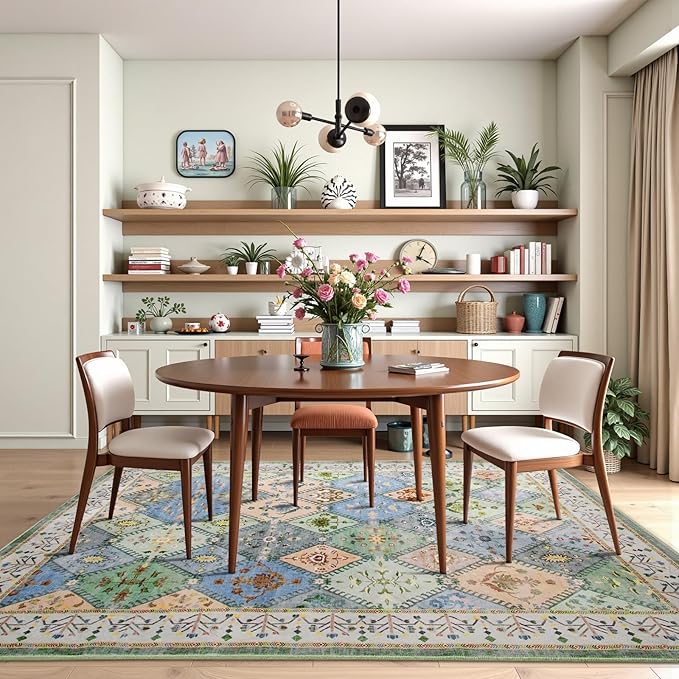 4x6 Washable Area Rug for Bedroom, Green Boho Non-Slip Living Room Rugs, Moroccan Floral Trellis Carpet Soft Low Pile Accent Indoor Mat for Bedside Kitchen Laundry Room