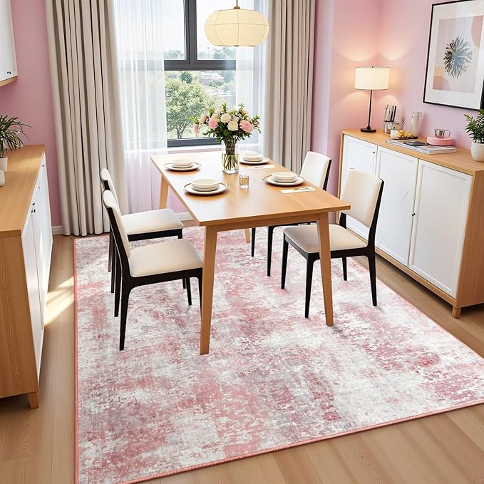 Washable Abstract Rug, 5x7 Modern Area Rugs with Non-Slip Rubber Backed for Living Room, Thin but Soft Contemporary Carpet Kitchen Bedroom Dining Room Decor, Pink